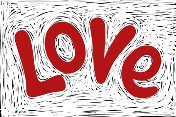 Red love text in a Lino print style on a white background. Textured wood block style background....