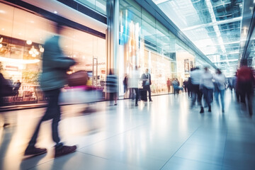 Fototapeta premium Blurred background of modern shopping mall with some shoppers. Shoppers walking at shopping center, motion blur. Blurred shoppers with shopping bags