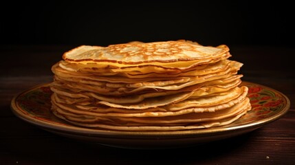 Stack of thin crepes or blini on a plate on a wooden table