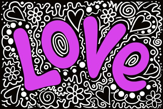 Pink love text writing drawn in a quirky modern style. The word is surrounded by black and white quirky, squiggles, shapes and line work, for a trendy, young vibe. A fun, cartoon, graffiti style image