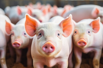 Ecological pigs and piglets at the domestic farm. Cute small pigs on a pig ranch ready to eat. - obrazy, fototapety, plakaty
