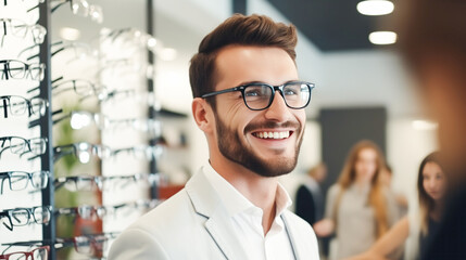 Happy customer with a smile chooses eyeglasses in optics store. Eye care. Young handsome man trying on new glasses. Happy man buying glasses at optics store. Glasses sale, promotion, advertising