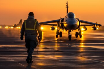 Fototapeta premium Silhouette of a fighter pilot boarding a fighter jet on an airfield at night. Night photo. Military man walking to his fighter jet. Sunset photo.
