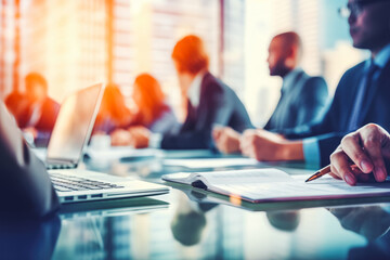 Group of business people having a meeting or brainstorming in a boardroom. Blurred image on business partners in conference room. - obrazy, fototapety, plakaty