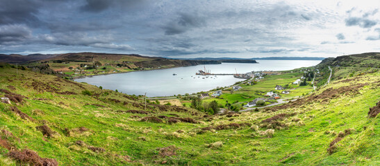 Stunning panorama, view of Scottish landscape, Uig, Highlands, Scotland, Isle of Sky - 677611722