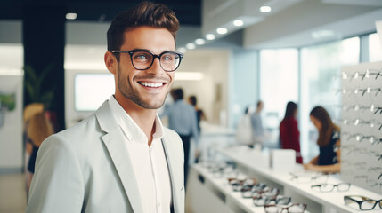 Handsome young man chooses spectacle's frames in optics store and looks at the showcase with different eyeglasses. Health care, eyesight, vision, sale concept. Happy man buying glasses at optics store