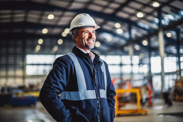 Engineer man wearing uniform and safety hard hat on factory, Industry, Engineer, Construction concept.