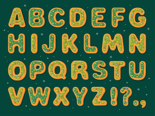 New Year's gingerbread cookies in the form of letters. English alphabet, bold uneven funny font for Christmas card, flyer, banner, poster. Green holiday gingerbread cookies on a dark green background