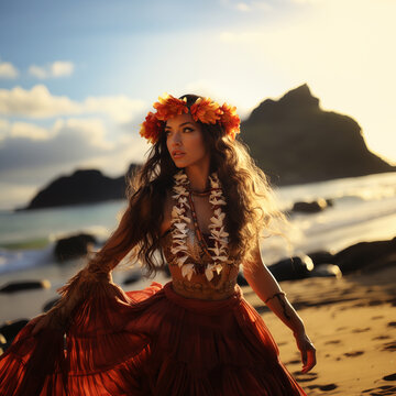 Graceful Hawaiian Ōlapa Dancer Embraces the Shoreline Rhythms