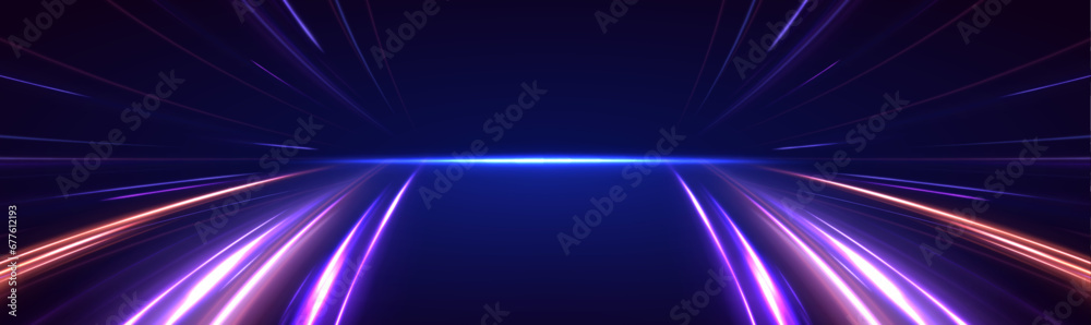 Poster Acceleration speed motion on night road. Laser beams luminous abstract sparkling isolated on a transparent background. Light and stripes moving fast over dark background.	