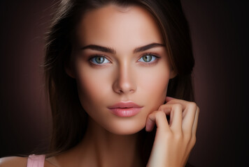 Obraz premium Elegant brunette indulges in a radiant moment, touching her luminous skin with grace and style.