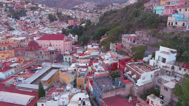Mexico, Guanajuato: Aerial view of capital city of Mexican state of same name, 19th century theater Teatro Ju&aacute;rez - landscape panorama of Latin America from above