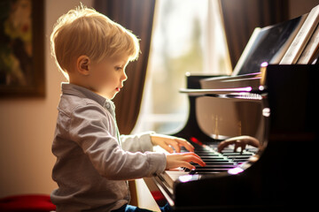 Cute little boy learning to play piano in living room. Child having fun with music instrument. Art education for kids. - Powered by Adobe