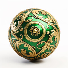 Christmas tree toy ball, green and gold object on white background. Generate Ai.