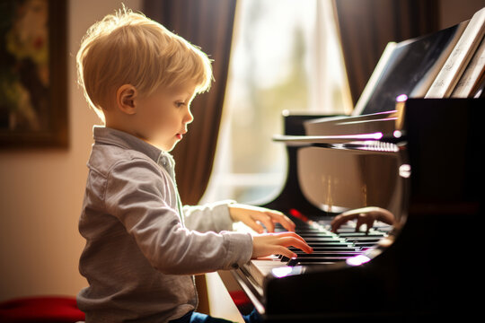 Cute little boy learning to play piano in living room. Child having fun with music instrument. Art education for kids.