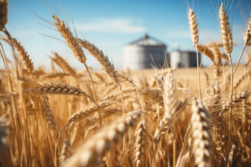 Wheat ears on a backdrop of silos towers. Silos on a wheat fields. Storage of agricultural production. - obrazy, fototapety, plakaty