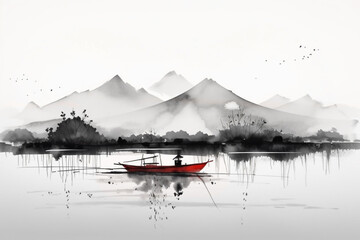 Japanische Tuschezeichnung einer meditativen Zen Landschaft mit Boot und Fischer in schwarz weiß rot - obrazy, fototapety, plakaty