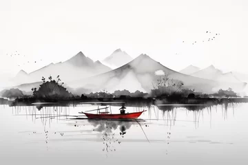 Foto op Canvas Japanische Tuschezeichnung einer meditativen Zen Landschaft mit Boot und Fischer in schwarz weiß rot © paganin