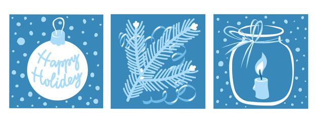 Set of festive monochrome illustrations of Christmas ball, fir branch and candle on dark blue background.