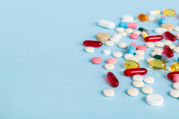 Many different colorful medication and pills perspective view. Set of many pills on colored background