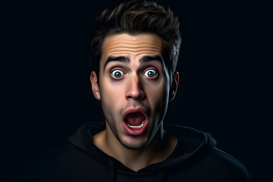 Surprised young adult Caucasian man on black background. Neural network generated photorealistic image.