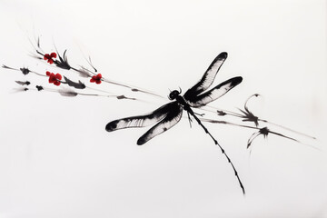 Japanische Tuschezeichnung einer meditativen Zen Landschaft mit Libelle in schwarz weiß rot