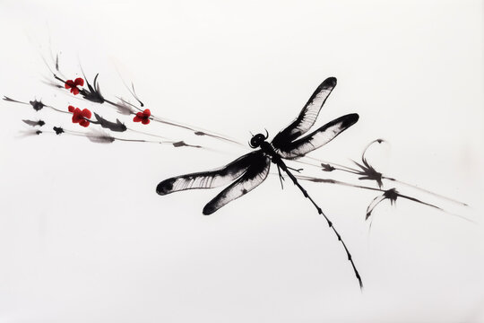 Japanische Tuschezeichnung einer meditativen Zen Landschaft mit Libelle in schwarz wei&szlig; rot