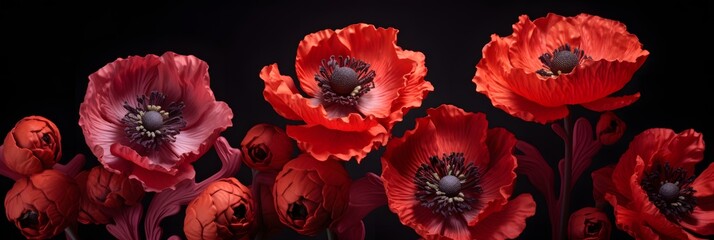 red poppy flower on a black background - obrazy, fototapety, plakaty