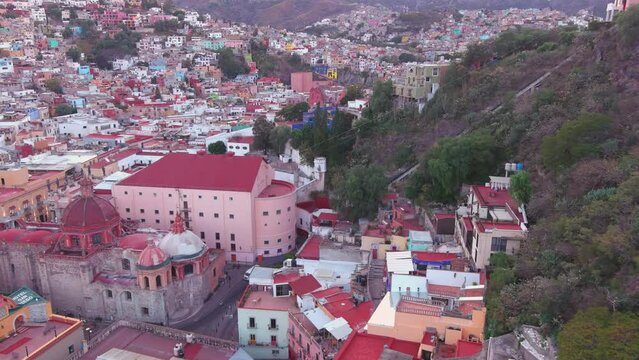 Mexico, Guanajuato: Aerial view of capital city of Mexican state of same name, 19th century theater Teatro Ju&aacute;rez - landscape panorama of Latin America from above