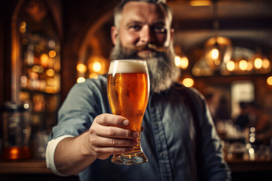 Handsome bartender serving a glass of fresh beer in traditional Dublin pub. Drinking alcoholic beverage. Saint Patrick's Day celebration.