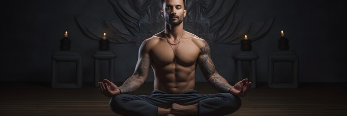 A young man sitting in yoga asana lotus pose meditating
