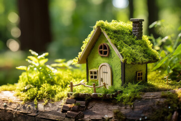 Fototapeta na wymiar Miniature wooden house made of natural materials found in forest. Tiny eco cabin covered with moss on a backdrop on trees. Ecology concept.