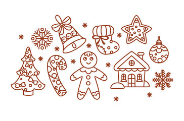 Christmas icon set.  Christmas cookies and other  traditional attributes. Vector.