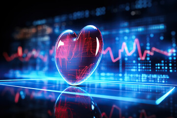 Neon heart on the background of a blurred screen with heart rate waves. Concept of medicine and health preservation. Generated by artificial intelligence - obrazy, fototapety, plakaty