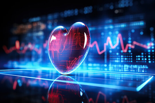 Neon heart on the background of a blurred screen with heart rate waves. Concept of medicine and health preservation. Generated by artificial intelligence