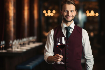 Waiter handing a glass of red wine in a restaurant. Alcoholic beverage served during a party night.