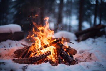 Forest bonfire on winter time. Having fun at a camp site with family and friends. Fun activities in winter.