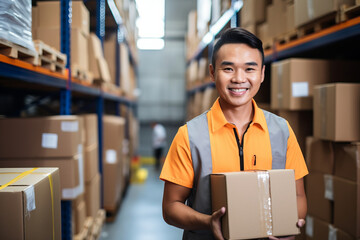 Young beautiful woman taping a cardboard box for delivery. Warehouse order picker packing and sealing cardboard box with tape for dispatch.