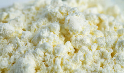 Powdered milk formula for baby food, macro, background. Healthy microbiota