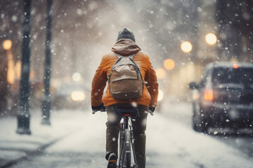A man riding a bicycle in winter city during massive snowfall. Cycling in difficult weather conditions.