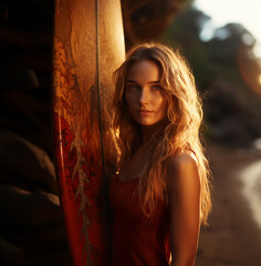 Fototapeta premium A beautiful brunette stands gracefully beside a surfboard, embracing the serenity of a tropical paradise.
