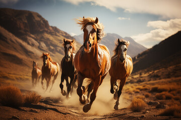 Witness the power and grace of a group of mustang horses racing through a stunning canyon. - obrazy, fototapety, plakaty