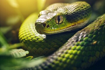 Obraz premium Green snake in the forest. Green pit viper. Close up.