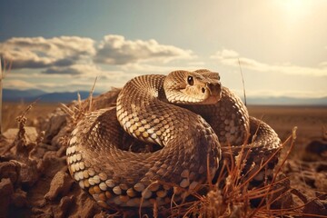 Close-up of a venomous rattlesnake in the wild - obrazy, fototapety, plakaty
