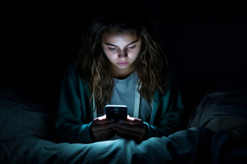 Teenage girl checking her smartphone at night. Teen scrolling through social media on her phone screen. Internet addiction in kids.