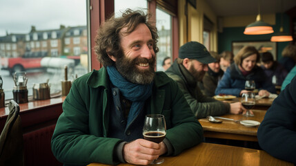 A smiling man seated in a restaurant, enjoying a glass of red wine. Other patrons sit at various tables in the cozy, English setting. - obrazy, fototapety, plakaty