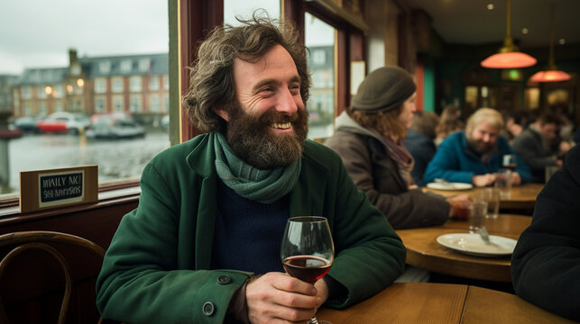 A smiling man seated in a restaurant, enjoying a glass of red wine. Other patrons sit at various tables in the cozy, English setting.