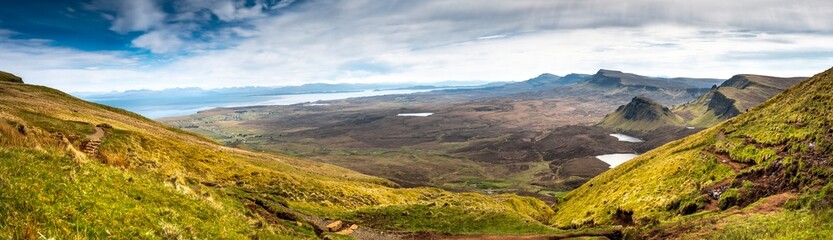 Beautiful panorama view of Quiraing, Scotland, Isle of Skye - 677615505