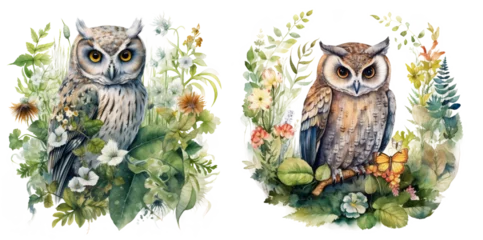 Fototapete Rund Watercolor rich illustration of a little owl surrounded by grass, ferns flowers and butterflies. delicate and peaceful spring nature scene isolated on transparent background © Mrs__DoubleF