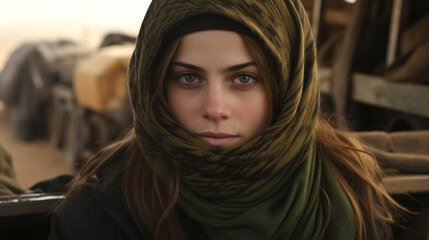 young woman with green headscarf, traveling through the desert, fictional location